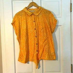 Yellow print shirt | button up | Front tie | collared | Size Extra Large